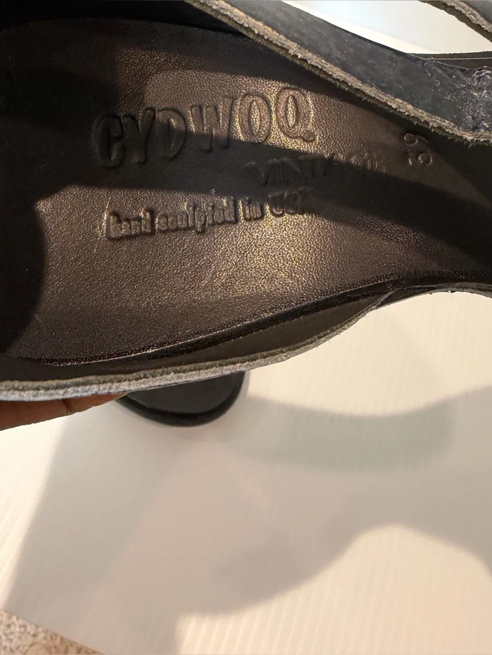 Cydwoq Vintage Black leather Spool Heel Sandals